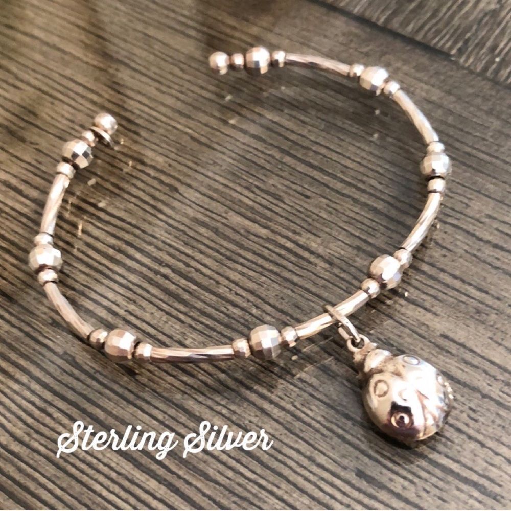 Vintage Sterling Silver Beaded Cuff with Ladybug Charm